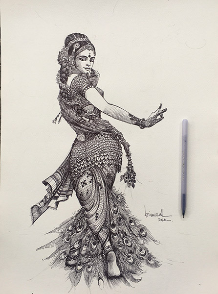 Bharatanatyam Dancer- Pen & Ink Painting – RANI ARTS & TEAK